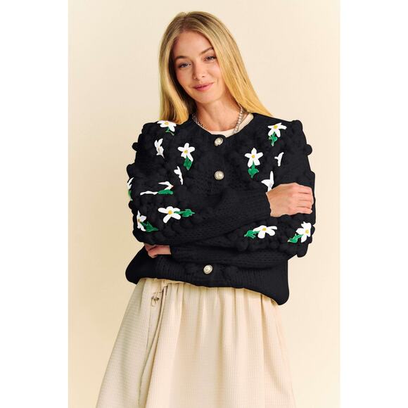 Davi & Dani Embellishments Floral Print Button Up Chunky Knit Cardigan | Black - Picture 6 of 9